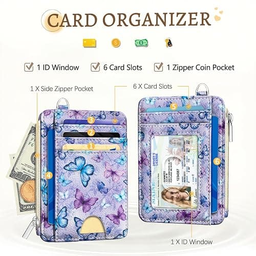 Kelvoris Credit Card Holder Slim Wallet Women, Butterfly Small RFID Blocking Wallets Woman Keychain with Zipper Coin Pocket, Front Pocket Thin Travel Ladies Card Case with ID Window thumbnail 3