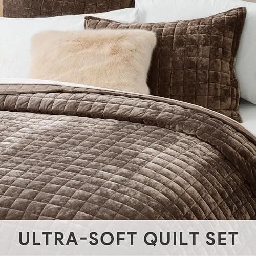 RECYCO Luxury Velvet Quilt Set King Size Bedding Sets, Ultra Soft Velvet Comforter Set, Lightweight Channel Box Stitch Oversized Bedspread Coverlet for All Season, with 2 Shams, Walnut Brown thumbnail 4