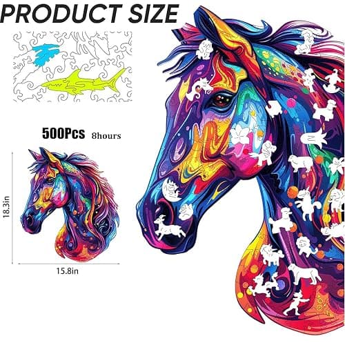 Reouinty Wooden Puzzles for Adults 500 Pieces, Cool Horse Wood Jigsaw Puzzles, Unique Shape Animal Adult Gifts, Irregular Wood Puzzles Gift for Family Game 15.8 x 18.3 in thumbnail 3