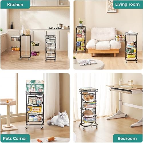 Ocyfym 4 Tier Kitchen Fruit Vegetable Storage Cart with One-Piece Rotating Basket, Pantry Organizer Shelf Rack Floor Stand for Veggie Onion Potato Produce Spice, Rolling Snack Cart on Wheels, Black thumbnail 5