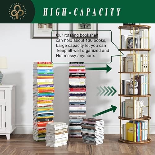 5Tier Rotating Bookshelf, 360 ° Display Stackable Spinning Bookshelf Tower,Round Space Saving Tall Floor Standing Swivel Bookcase Corner Storage Organizer for Bedroom/Living Room/Office，Gold thumbnail 3