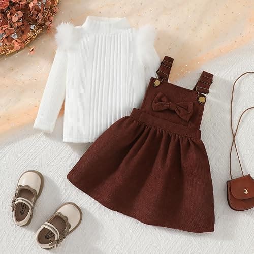 Megeoly Toddler Baby Girl Outfits Long Sleeve Ribbed T-Shirt Bow Overall Dresses Suspender Skirt Set Fall Winter Clothes thumbnail 7