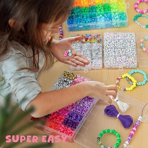 Gionlion 4200Pcs Pony Beads for Bracelet Making Kit, 48 Colors Kandi Beads Bracelet Kit, 2500PCS Rainbow Candy, 1700PCS Friendship Letter Bead with 20 Meter Elastic Strings thumbnail 7