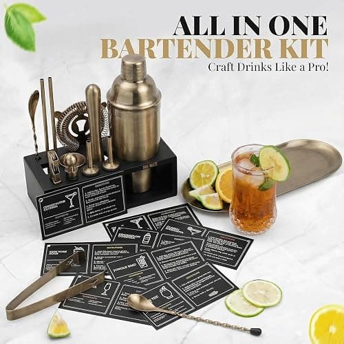 Brushed Brass Mixology Kit - 15 Piece Bar Tool Set, Silver Bar Set Cocktail Shaker Set for Drink Mixing - Includes Martini Shaker, Jigger, Strainer, Bar Mixer Spoon, Tongs, Opener | Gift Idea thumbnail 6