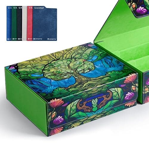 UAONO Card Storage Box for MTG, Trading Card Deck Box Holds 1800+ with 6 Dividers, Leather Printing Magnetic Closure Card Storage Case Fits TCG CCG Sports Cards (Green, Tree) - Image 1