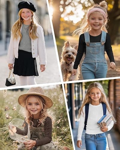 LessonZoo 4 Pack Girls Long Sleeve Shirts Ribbed Knit Cotton Crewneck Tops Slim Fit Soft Casual Kids Base Layer Undershirts thumbnail 2