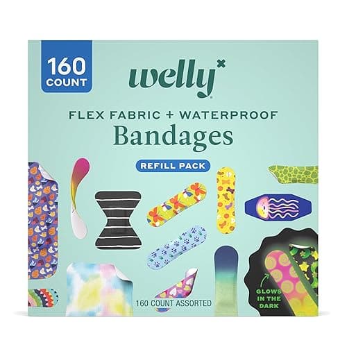 Welly Bandage Large Refill Pack | Adhesive Flexible Fabric, Glow-in-The-Dark & Waterproof Bandages | Assorted Shapes and Patterns for Minor Cuts, Scrapes, and Wounds - 160 Count - 160 Count (Pack of 1) - Image 1