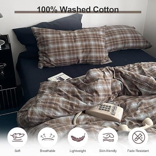 EAVD Vintage Buffalo Plaid Duvet Cover King 100% Washed Cotton Brown&Blue | 3-Piece Aesthetic Bedding Set, Reversible Gingham Pattern, 1 Duvet Cover with 2 Pillowcases, Retro Farmhouse, Zipper Closure thumbnail 4