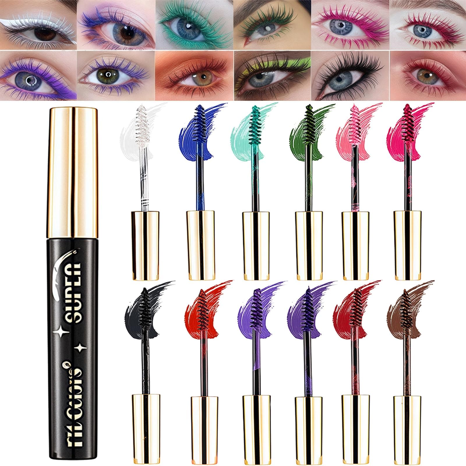 12 Colors Colorful Mascara Set, Blue White Black Rainbow Colourful Long Lasting Wipe Resistant Waterproof Colored 3D Fiber Eyelashes Mascara Volume Eyelashes - Image 1