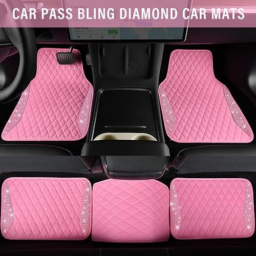 CAR PASS Bling Leather Car Mats Shining Diamond Floor Mats Crystal Rhinestones Sparkly Glitter Carpet Anti-Slip Waterproof Pad Universal Fit for Automotive SUV, Sedan, Van, 5pcs for Girl Women Pink thumbnail 4