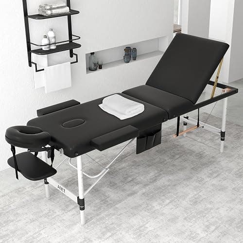 ABET Massage Table, 3 Fold Portable Professional Lash Tattoo Spa Bed, Height Adjustable 23.5" Wide Compact Facial Table with Detachable Oil Pocket Towel Rod Face Cradle Armrest, Aluminum Feet & Black thumbnail 2