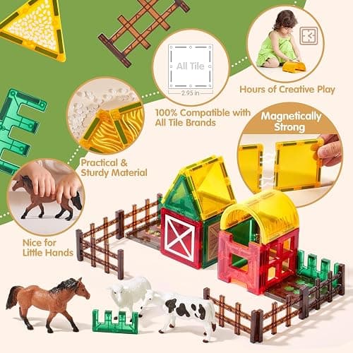 COCO&Friends Magnetic Tiles Farm Animals for Toddlers Kids Ages 3-8 - 45 PCS Magnetic Blocks with Fence Building Toys for 3 Year Old Girl Boy Birthday Gift - Montessori Educational Magnet Toys thumbnail 5