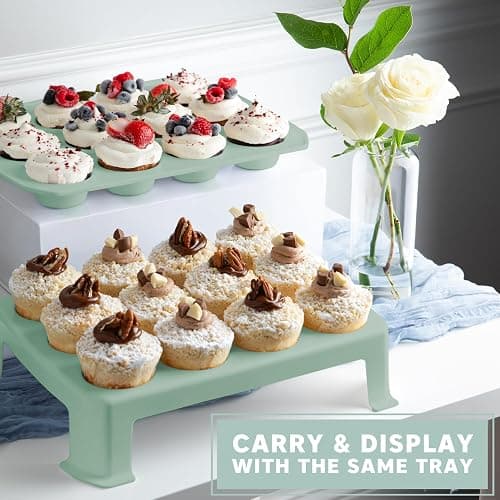 Cupcake Carrier, Green Cupcake Holder Carries 24 Count Standard-Size Cupcakes, Muffin Traveler Two Tier Stand Reusable Cupcake Box - Green - 24 Cupcake Carrier thumbnail 2