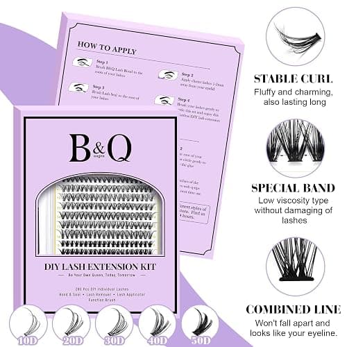 B&Q Lash Clusters Kit 280PCS Eyelash Clusters Kit,30D 50D D 9-16MIX Individual Lash Comfortable Eyelash Extension Set, Classic Look with Bond and Seal Waterproof, Remover DIY at Home(Set,30D50D) thumbnail 3