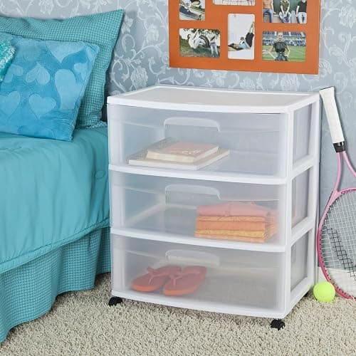 Plastic Storage Drawer Cart, Medium Home Organization Storage Container with 3 Large Clear Drawers With Wheels (White) thumbnail 2