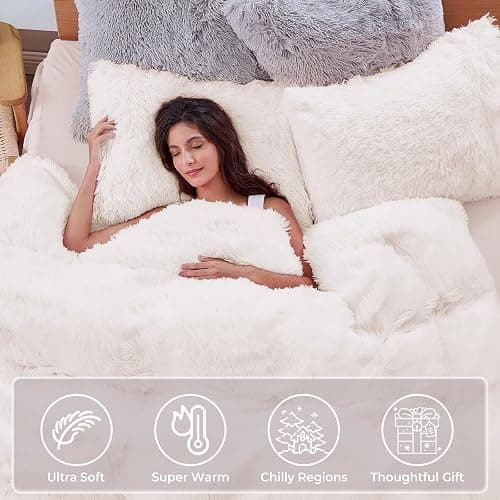 Sasttie 3-Piece Fluffy Duvet Cover Full, Ultra Soft Faux Fur and Velvet Camel Comforter Cover, Luxury Fuzzy Bedding Sets for Winter Bed, Includes 1 Duvet Cover and 2 Pillowcases, No Comforter thumbnail 2