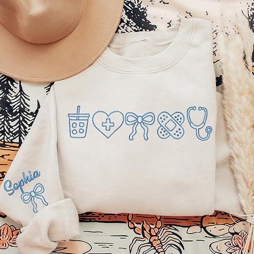 Embroidered Nurse Sweatshirt – Coquette Bow Nursing Crewneck, Cute Nursing Student Sweater, Personalized CNA Outfit, Medical Professional Clothing, Unique Gift Idea for Nurses and Healthcare Workers thumbnail 6