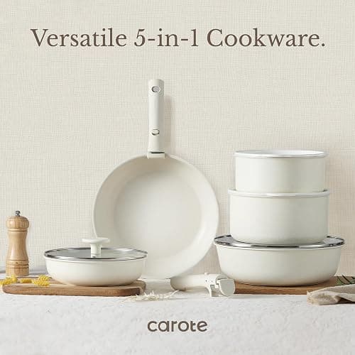 CAROTE 19pcs Pots and Pans Set Non Stick, Detachable Handle Cookware | Kitchen Cooking Sets, Space Saving, Dishwasher & Oven Safe, Non-Toxic, for Camping/RV/Traveling, Cream White thumbnail 7