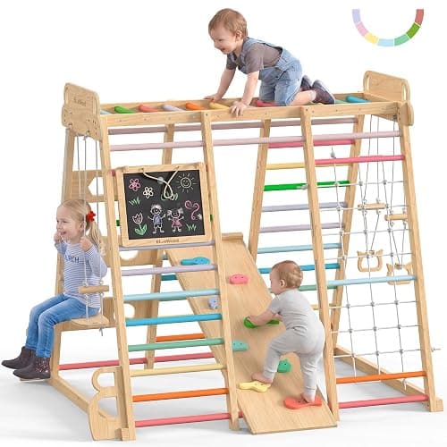 BlueWood Upgraded Indoor Jungle Gym 14-in-1 Playground Kids Climbing Toys | Waldorf Style Wooden Climber Playset with Slide, Swing, Monkey Bars, Upright/Rope Ladder, Climb Net, Colorful - Image 1