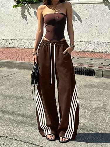 EMMIOL Women’s Y2K Baggy Barrel Striped Sweatpants High Waisted Wide Leg | Track Pants, Drawstring Waist, Adjustable Hems, and Side Pockets, Ideal for Streetwear, Workouts, School, Casual, Nights Out thumbnail 7