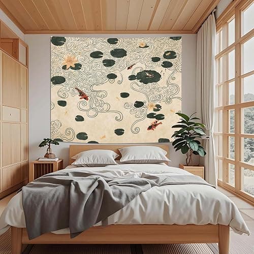 Lifeella Japanese Tapestry, Koi Pond Tapestry, Abstract Lotus Lily Wall Hanging, Zen Nature Aesthetic Art Wall Decor for Bedroom Living Room Dorm, Beige 36x48 inches thumbnail 3