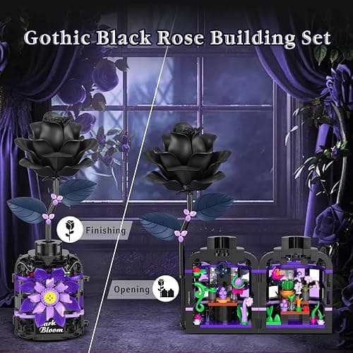 Alagoo Gothic Black Roses Building Blocks Kit – 359 PCS Mysterious Dark Bloom with Vase, Artificial Flower Toy Building Set, Gothic Decor Birthday Gifts Building Toys for Boys Girls thumbnail 4