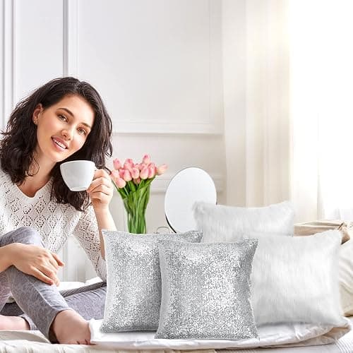 Irenare 4 Pcs Sequin and Fluffy Pillow Covers Winter Throw Pillow Cases Soft Cushion Cover for Couch Bed Sofa Xmas Day(18 x 18 Inch,White, Silver) thumbnail 2