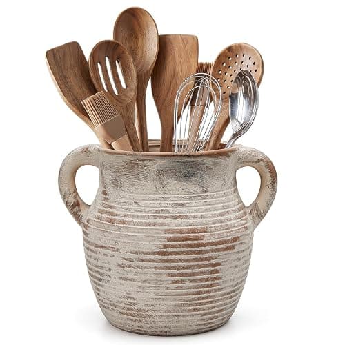 CWFutwell Rustic Utensil Holder for Kitchen Counter - Large Ceramic Farmhouse Cooking Utensil Crock & Organizer for Spatula, Spoon - Vintage Kitchen Decor (Taupe) - Image 1