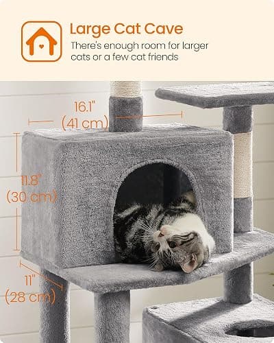 Feandrea Cat Tree, 73.2-Inch Tall Cat Tower, Plush Multi-Level Condo with 5 Scratching Posts, 2 Perches, 2 Caves, Hammock, 2 Pompoms, Light Gray UPCT191W01 thumbnail 6