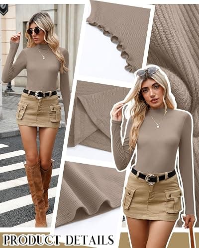 Oakgarden 3 Pack Women's Cotton Long Sleeve Mock Turtleneck Tops Ribbed Lettuce Trim Slim Fit Shirts Thermal Base Layer thumbnail 2