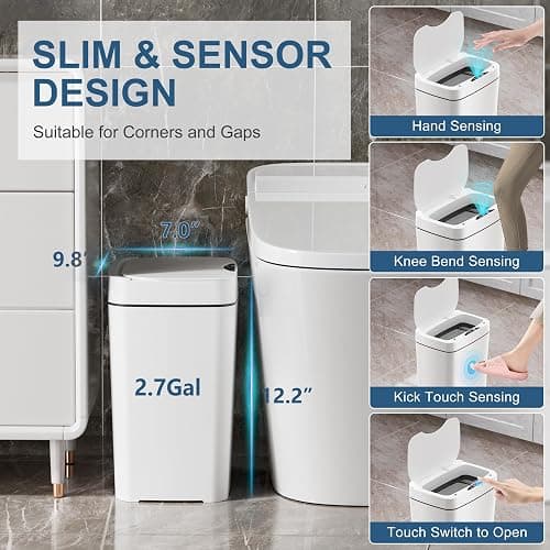 Vanpopubs 2 Pack 2.7 Gal Bathroom Trash Can with Lid, Automatic Trash Can Small Smart Garbage Can Touchless, Slim Motion Sensor Waterproof Plastic Trash Bins for Bedroom Office Kitchen Toilet thumbnail 3