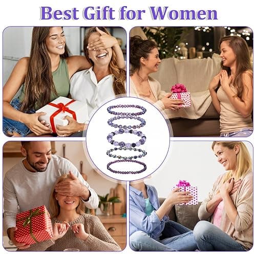 Wanmu 5Pcs Beaded Bracelets for Women, Bohemian Glass Faceted Crystal Beads Bracelet, Stackable Boho Disco Ball Stretch Bracelets, Multilayered Purple Jewelry Gift for Women, Mother's Day thumbnail 6
