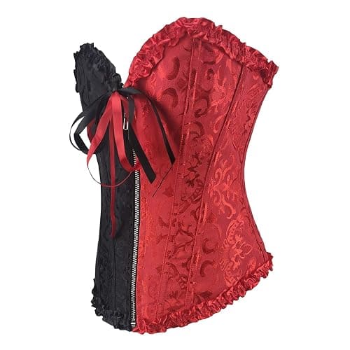 RHISLEO Women Black Red Bustier Burlesque Basque Rouge Zip Lace Up Boned Corset Top thumbnail 2