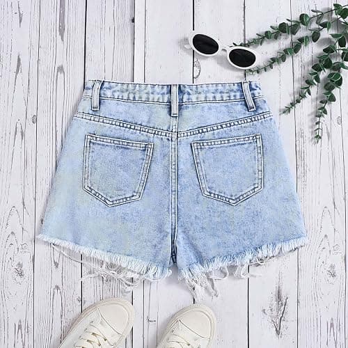 Girls Ripped Jean Shorts Button Elasticated Waist Wide Leg Denim Shorts Casual Fashion Loose Straight Leg Short Jeans with Pockets for Girls Teenagers 12-16 Years Summer Beach Holiday thumbnail 3