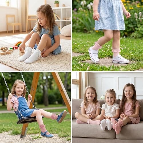 HDFHDF 6 Pairs Socks Kids Baby Girls Anti Slip Floor Spring and Autumn Cotton Learning to Walk Unsteadily Lace thumbnail 6