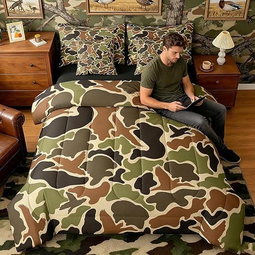 Feelyou Duck Hunter Green Camouflage Hunting 7 Pieces Bedding Set, Queen Size Black Brown All Season,Bed in a Bag with Comforter, Sheets, Pillowcases Camo Army Bed Set Breathable Wild Room Decor thumbnail 7