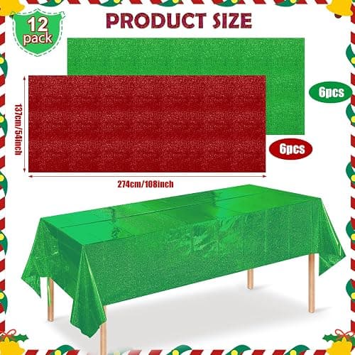 12 Pack Iridescent Red and Green Plastic Tablecloth 54x108 Inch, Holographic Laser Disposable Table Cover, Rectangle Red and Green Table Cloth for Christmas Holiday Birthday Party Decorations thumbnail 3