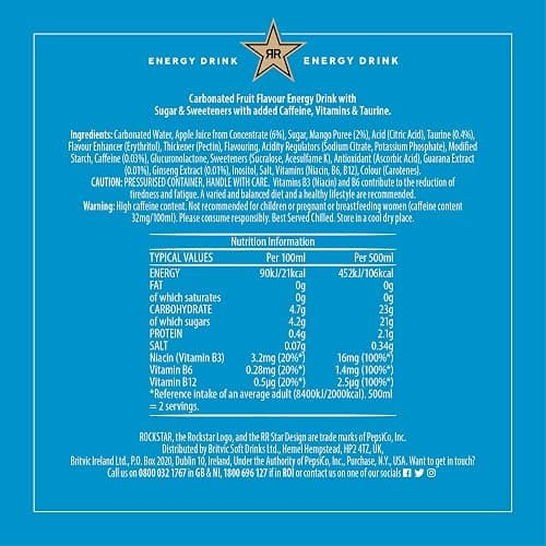 Rockstar Juiced Energy Drink - Mango - Non-Alcoholic - 160 mg Caffeine - Caffeinated Drink with Taurine, Guarana, Ginseng, & B-Vitamins - 12 x 500ml cans thumbnail 7