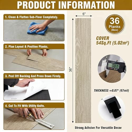 VIVIDCOZYTILE Waterproof Peel and Stick Floor Tile, 54 Sq.Ft Washed Beige Vinyl Wood Flooring, Easy DIY-Install & Durable for Kitchen, Bedroom, Bathroom, RVs, Rental-Friendly (36-Planks 6"x36") thumbnail 3