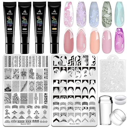 Biutee Nail Stamping Kit 2Pcs Nail Art Stamping Plates 4Pcs Stamping Gel Polish French Tip Nail Stamp Kit 110 Patterns with Silicone Stamper Scraper Large Lace Stamp Template Christmas Gift for Women - Image 1