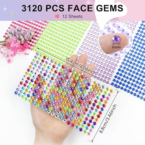 Sularpek 3120 Pcs Face Gems - 12 Sheets Self-Adhesive Rhinestone Stickers, 12 Colors Acrylic Crystal Gems for Nails, Face, Festivals, Makeup, DIY Craft Decorations thumbnail 3