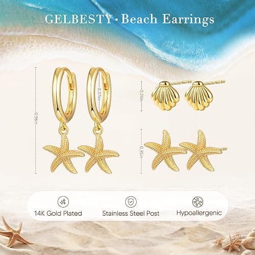 Gold Seashell Starfish Stud Hoop Earrings for Women, Summer Beach Flower Drop Earrings for Multiple Piercing Cartilage, Dainty Trendy Dangling Earring 3 Pairs Set Vacation Outfits Accessories Jewelry thumbnail 4