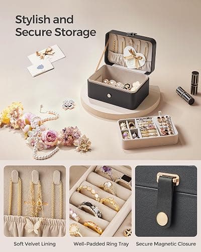 SONGMICS Jewellery Box, 2-Layer Jewellery Storage, 11 x 16 x 8 cm Travel Jewellery Box, Portable Jewellery Case, Small, Spacious, for Larger Accessories, Gift Idea, Ink Black JBC166B01 thumbnail 7