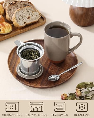 MALACASA Ceramic Tea Mug with Lid and Stainless Steel Infuser, 18 oz Large Tea Cup for Loose Leaf Tea, Heat-Resistant, Microwave & Dishwasher Safe, Speckled Glaze Coffee & Tea Brewer Mug, Khaki Brown thumbnail 4
