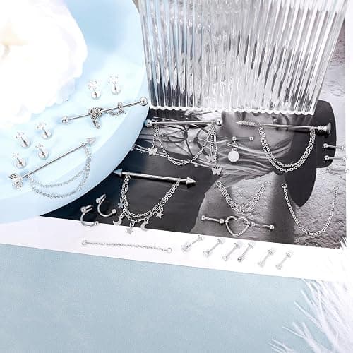 REVOLIA Surgical Steel Industrial Barbell Earrings with Chain for Women Dangle Cartilage Earring Studs Cartilage Helix Tragus Daith Industrial Piercing Jewelry Set thumbnail 3