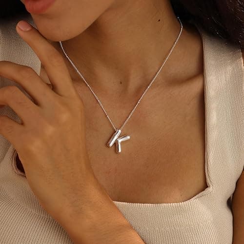 Ewrkbrㅤ Initial Necklaces for Women, 14k Gold Plated Bubble Letter Necklace Chunky Gold Necklace Dainty Charm Initial Necklaces for Women Trendy Custom Preppy Stocking Stuff Necklace Christmas Gifts thumbnail 2