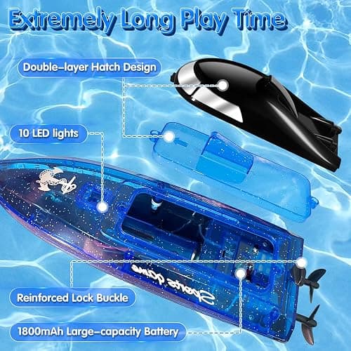 RC Boat with 1800mAh Battery, Transparent Remote Control Boat with 10 LED Lights, Auto Flip 2.4 GHz Double Waterproof Racing Speedboat Toy for Kids and Adults, Gift for Boys Girls for Lake & Pool thumbnail 7