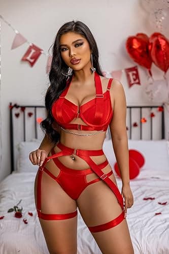 Avidlove Lingerie Set for Women Sexy Strappy Lingerie Underwire Push Up Bra Garter Set Lingerie with Chain - Small - Red thumbnail 4