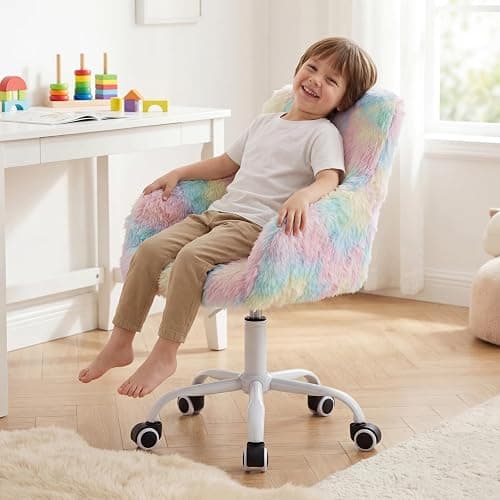 LukeAlon Kids Adjustable Desk Chair, Furry Study Chair with Swivel Base Cute Faux Fur Reading Chair Comfy Upholstered Computer Chair with Arms for Girls Children, Light Colorful thumbnail 8