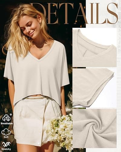 Huukeay 3 Pack Oversized T Shirts for Women Short Sleeve Crop Tops V Neck Irregular Hem Baggy Cropped Tees thumbnail 3
